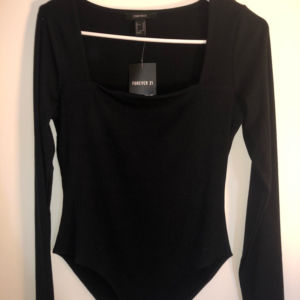 FOREVER 21 Black Square Neck Bodysuit